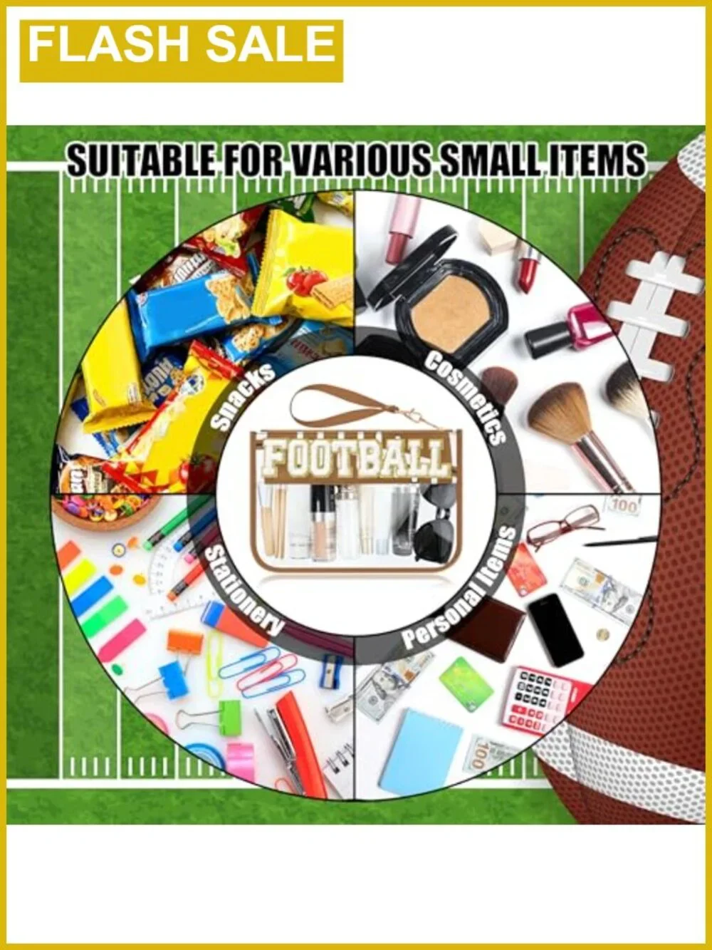 Clear PVC Football Makeup Bag Chenille Letter Patch Waterproof Cosmetic Pouch